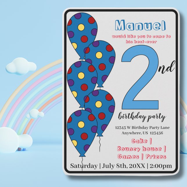 Invitation Blue Balloon 2e anniversaire fête enfants (Créateur téléchargé)