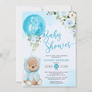 Invitation Blue Balloon Oh Boy Teddy ours baby shower