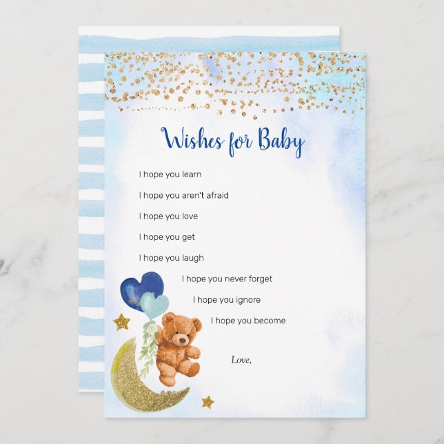 Invitation Blue Balloon Teddy Bear Wings for Baby Game Card (Devant / Derrière)