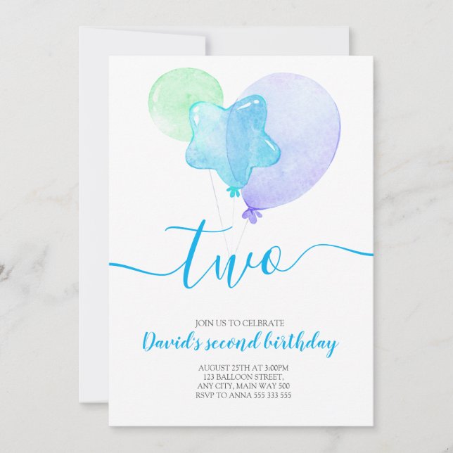 Invitation Blue Balloons Boy 2e anniversaire Deux deuxième an (Devant)