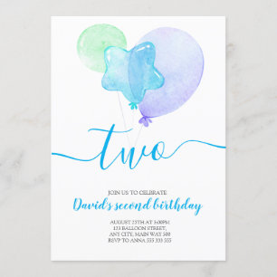 Invitation Blue Balloons Boy 2e anniversaire Deux deuxième an