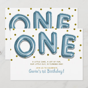 Invitation Blue Balloons Gold Confetti 1er anniversaire