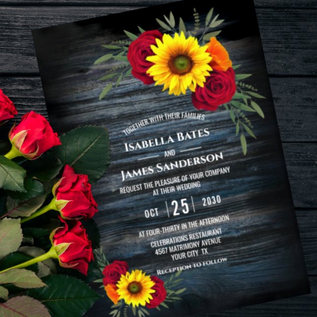 Invitation Blue Barne Wood Sunflower Bourgogne Rose Mariage (Créateur téléchargé)