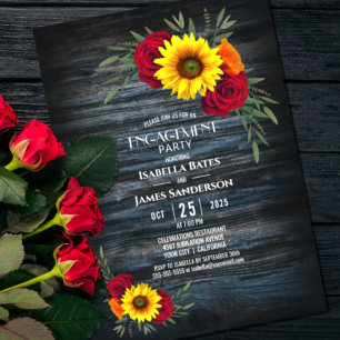 Invitation Blue Barne Wood Sunflower Rose