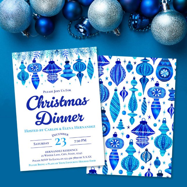 Invitation Blue Baubles Noël Diner Aquarelle (Blue Baubles Christmas Dinner Watercolor Invitation)