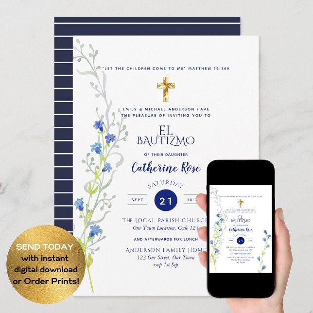 Invitation Blue Bautizo Bautismo Floral Laves Croix catholiqu (Créateur téléchargé)