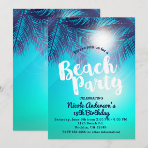 Invitation Blue BEACH PARTY Sunny Palm Trees été Anniversaire
