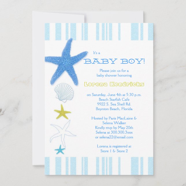 Invitation Blue Beach Starfish Striped Baby Baby shower (Devant)
