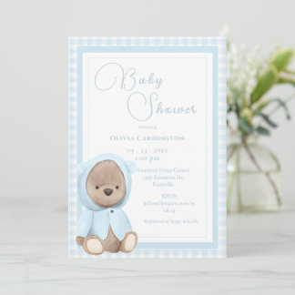 Invitation Blue Bear Gingham Vintage Baby Shower