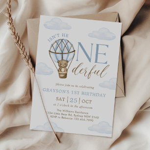 Invitation Blue Bear Hot Air Balloon Boys 1er anniversaire