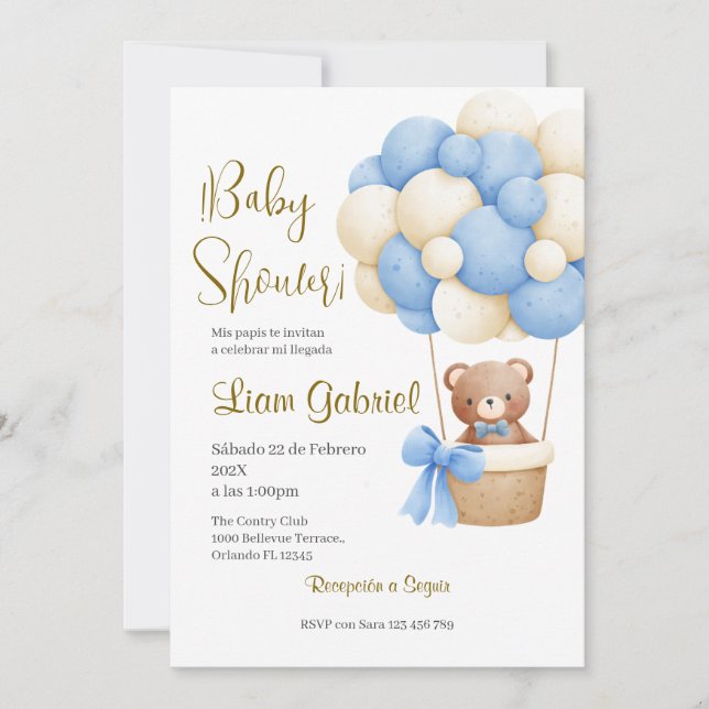 Invitation Blue Bear Spanish Baby Shower Boy invit (Devant)