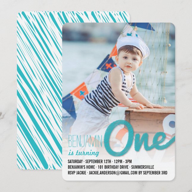 Invitation Blue Big Sketch One Baby Boy First Birthday Party (Devant / Derrière)