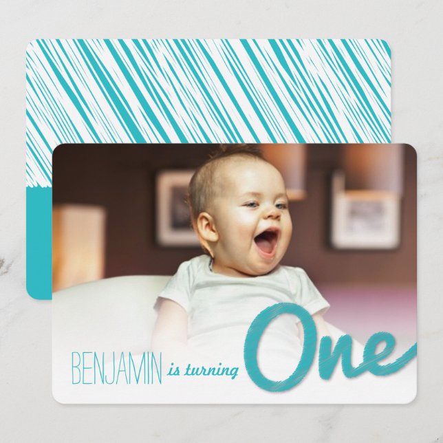 Invitation Blue Big Sketch One Baby Boy's 1st Birthday Party (Devant / Derrière)