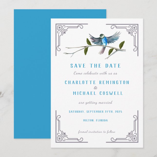 Invitation Blue Bird of Happiness Wedding Enregistrer la cart (Devant / Derrière)