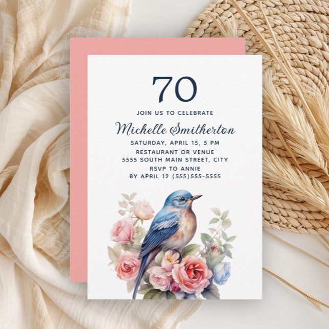 Invitation Blue Bird Rose Fleurs 70e anniversaire (Blue bird and pink floral 70th birthday invitation)