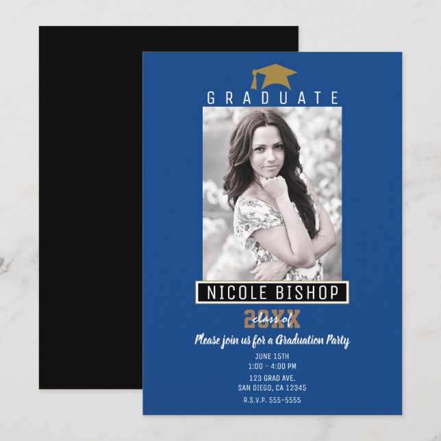Invitation Blue Black Gold Modern Graduation Photo Party (Devant / Derrière)