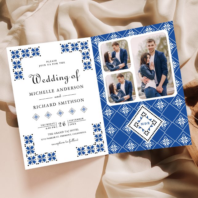 Invitation Blue Black Ukrainian Embroidery QR Code Wedding (Créateur téléchargé)