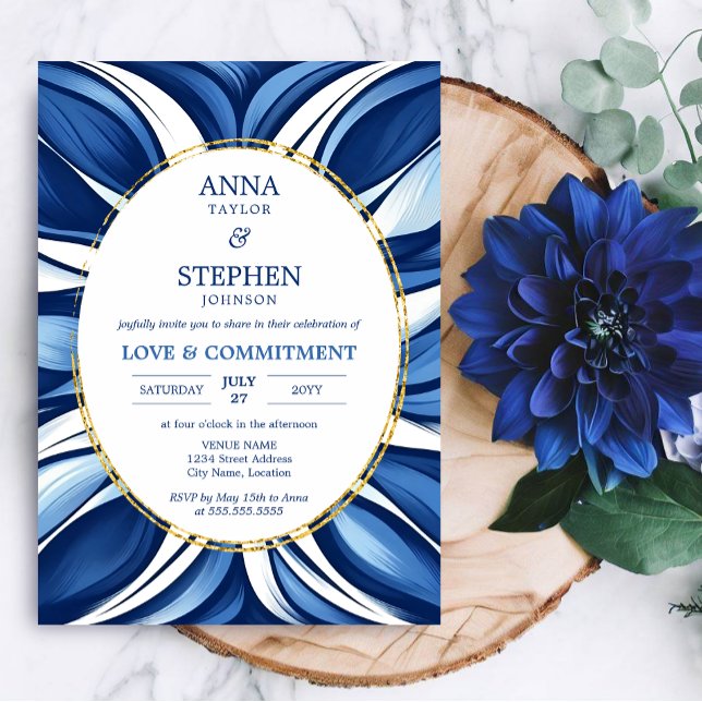 Invitation Blue Bliss Cérémonie d'engagement Floral Organique (Blue Bliss retro organic floral commitment ceremony invitation front.)
