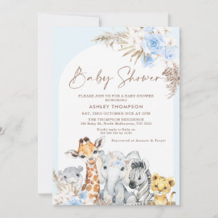 Invitation Blue Boho Arc Floral Safari Animaux Baby shower