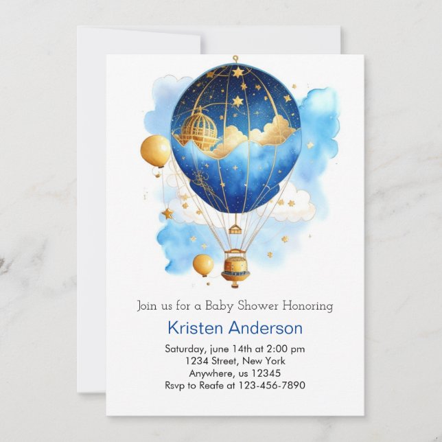 Invitation Blue Boho Balloon Adventure Boy Baby shower (Devant)