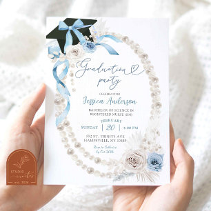 Invitation Blue Boho Coquette Bow Pearl Graduation Party