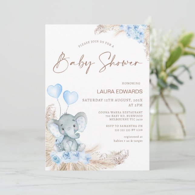 Invitation Blue Boho Floral Boys Elephant baby shower (Debout devant)