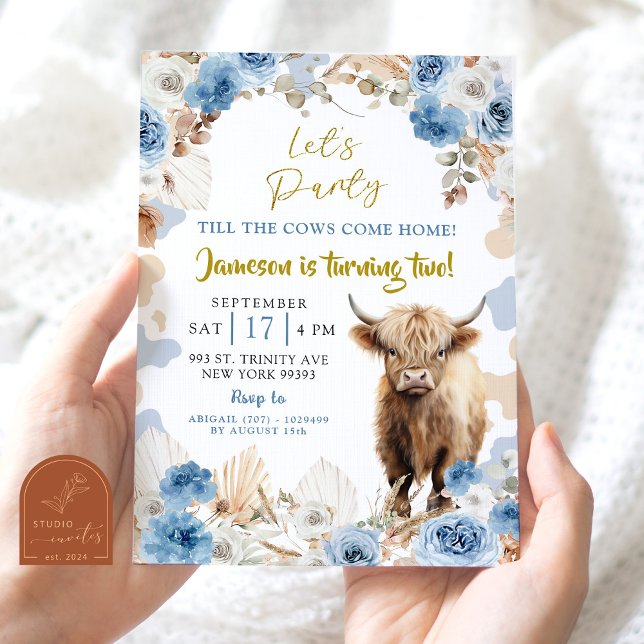 Invitation Blue Boho Highland Cow Farm Boy Anniversaire (Créateur téléchargé)