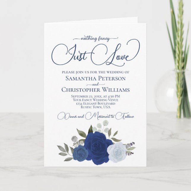 Invitation Blue Boho Roses Photo & Détails Just Love Mariage (Devant)