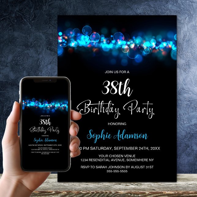 Invitation Blue Bokeh Black Any Age Birthday Party (Créateur téléchargé)
