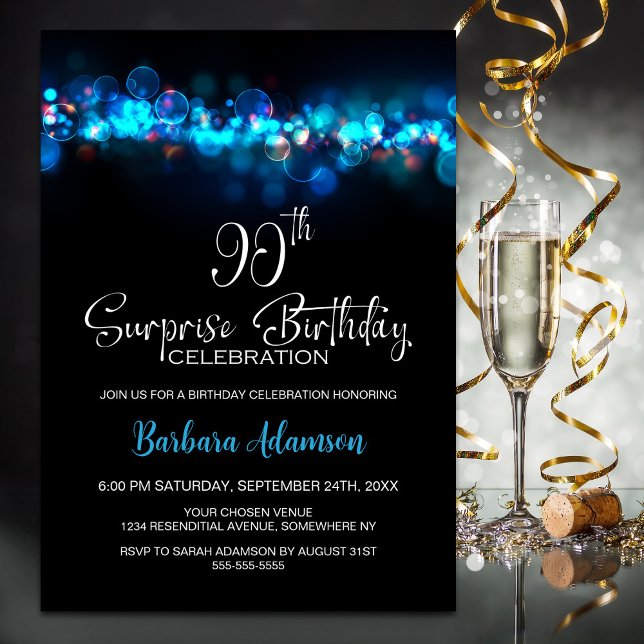 Invitation Blue Bokeh Black Surprise 90th Birthday Party (Créateur téléchargé)