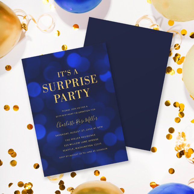 Invitation Blue Bokeh Gold C'est un anniversaire de fête surp (Créateur téléchargé)