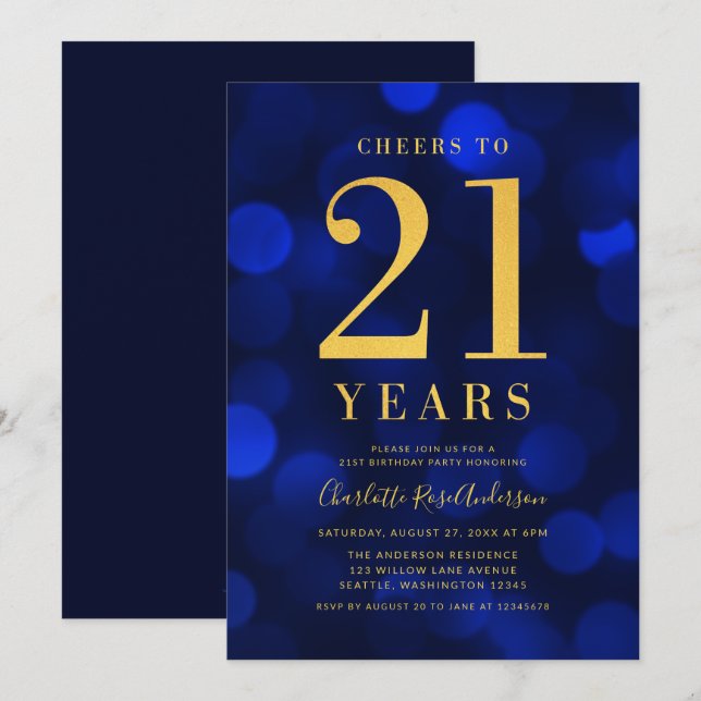 Invitation Blue Bokeh Gold encourage à 21 ans fête d'annivers (Devant / Derrière)