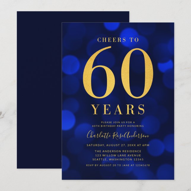 Invitation Blue Bokeh Gold encourage à 60 ans fête d'annivers (Devant / Derrière)