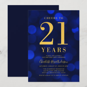 Invitation Blue Bokeh Gold fête ses 21 ans d'anniversaire