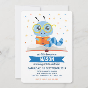 Invitation Blue Bookworm Livre fête d'anniversaire
