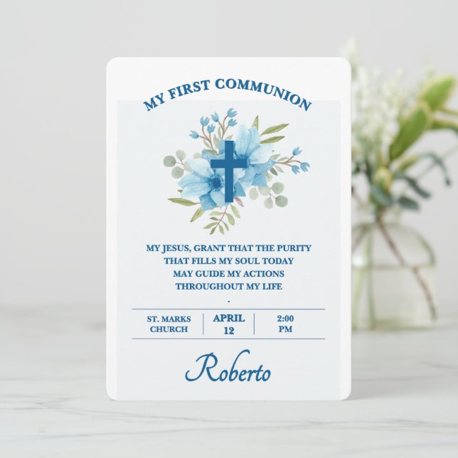 Invitation Blue Botanical Cross First Holy Communion  (Debout devant)