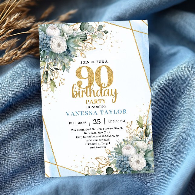 Invitation Blue Botanical Gold Frame 90th Birthday Invite (Blue Botanical Gold Frame 90th Birthday Invite)