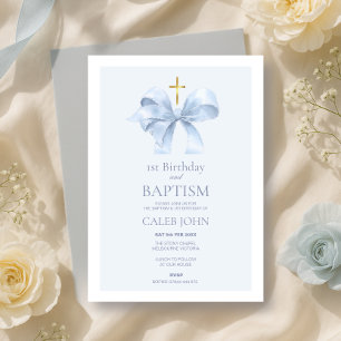 Invitation Blue Bow 1er anniversaire et baptême pour garçon