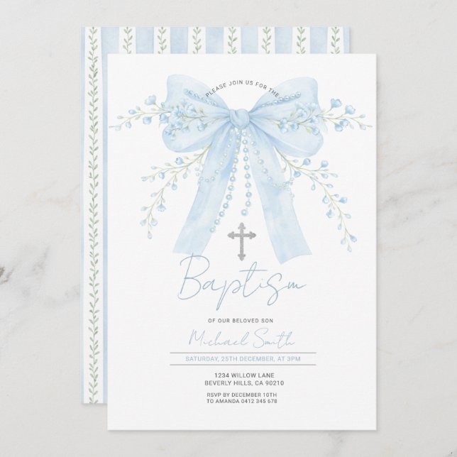 Invitation Blue Bow Baptism Boy Christening with Cross (Devant / Derrière)