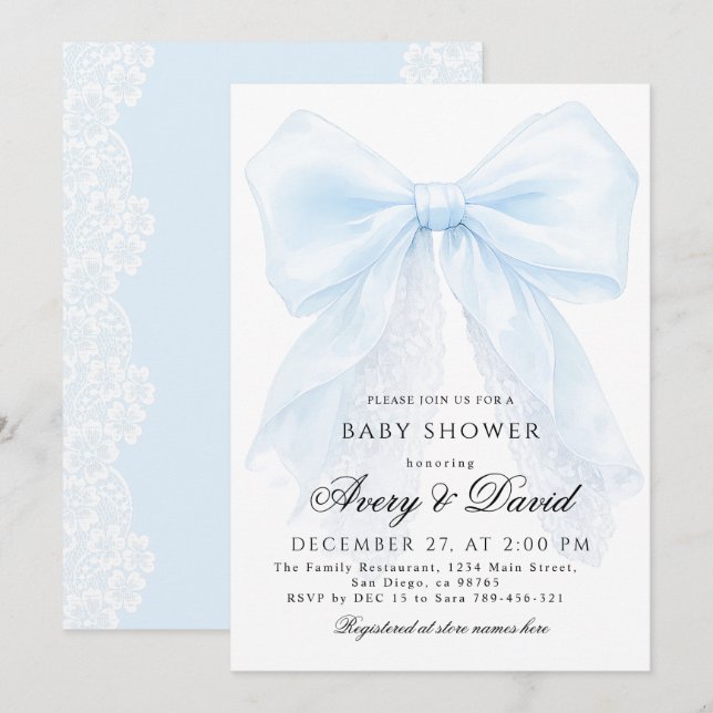 Invitation Blue Bow boy Modern Baby Shower  (Devant / Derrière)