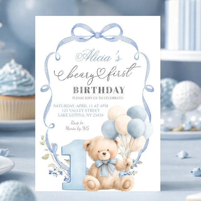Invitation Blue Bow Coquette Beary First Birthday (Créateur téléchargé)