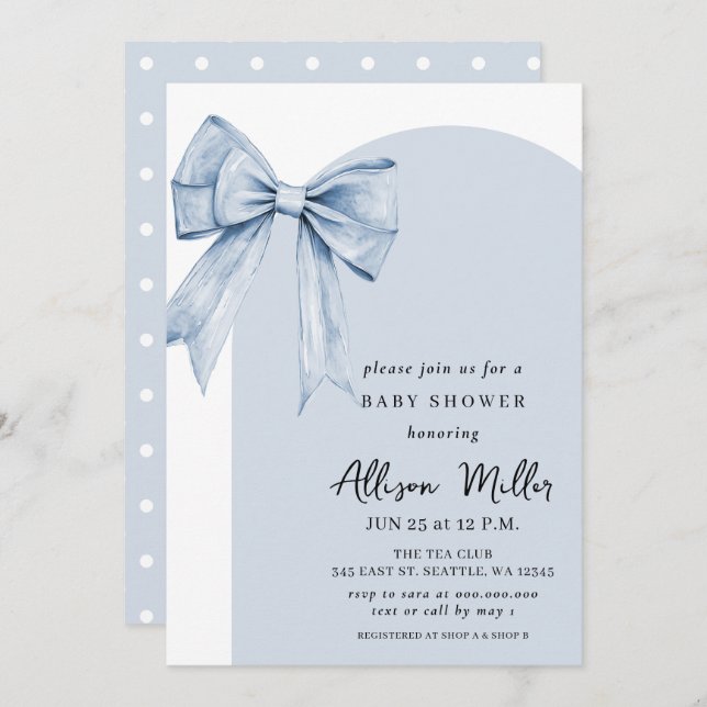 Invitation Blue Bow Coquette Boy Baby Shower  (Devant / Derrière)