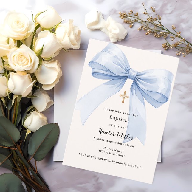 Invitation Blue bow crème garçon Baptême (Créateur téléchargé)