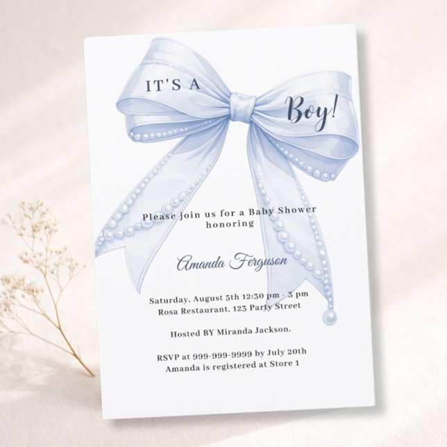 Invitation Blue bow elegant pearls boy Baby Shower (Créateur téléchargé)