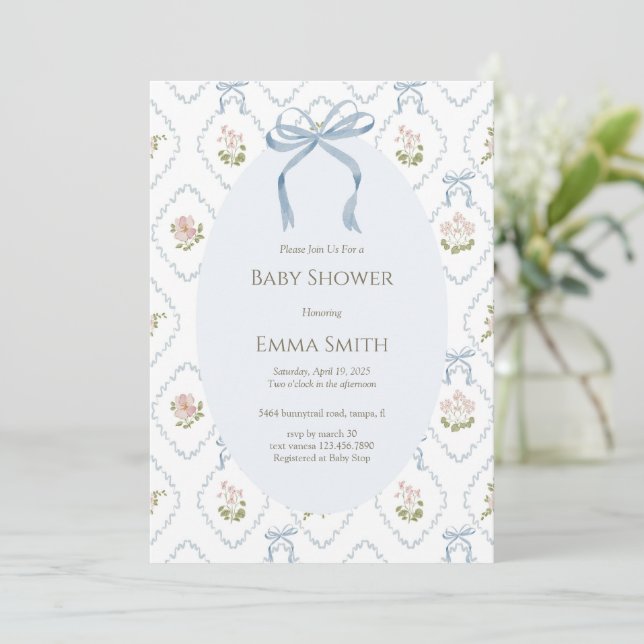 Invitation Blue Bow Floral Baby Shower  (Debout devant)