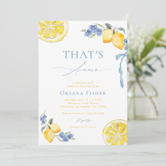 Invitation Blue Bow Lemons That's Amore Italian Bridal Shower (Debout devant)