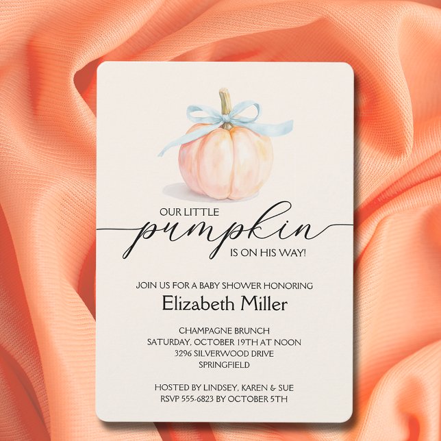 Invitation Blue Bow Little Citrouille Baby shower garçon (Blue ribbon and bow little pumpkin boy baby shower invitations)