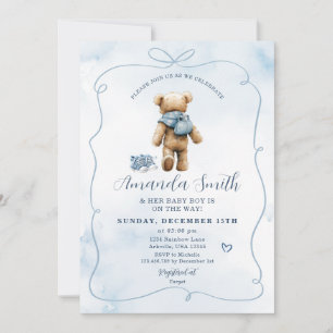 Invitation Blue Bow ours Baby Chaussures Baby shower garçon