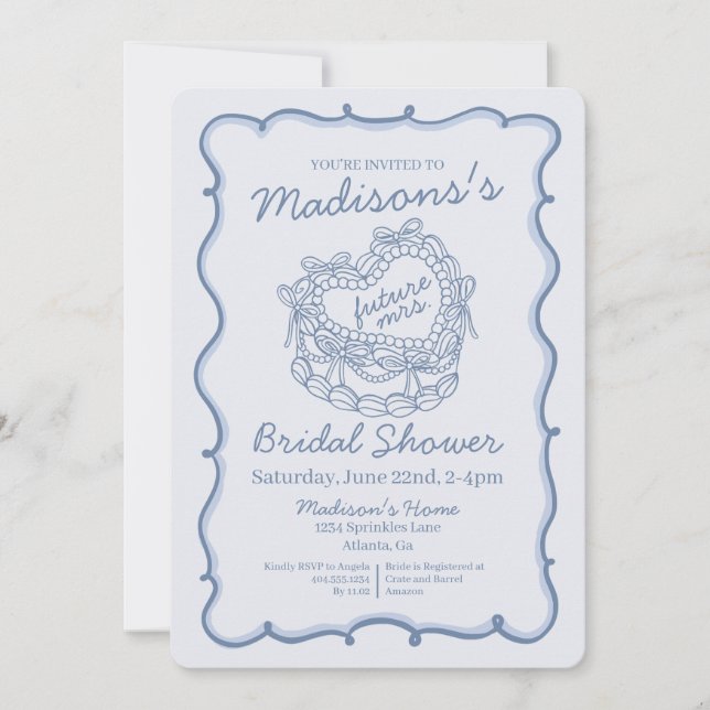 Invitation Blue Bow Retro Coquette Fête des mariées de gâteau (Devant)