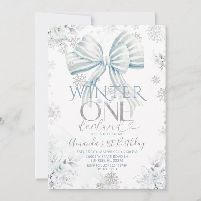 Invitation Blue Bow Silver Snow Winter Onederland Birthday (Devant)